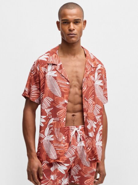 Short de Bain BOSS à Imprimé Intégral et Badge Logoté Orange