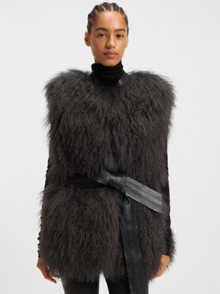 Veste BOSS Sans Manches en Peau Retourné de Mongolie avec Ceinture en Cuir Amovible