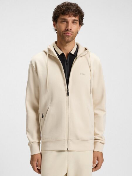 Sweat BOSS à Capuche Zippé en Coton Stretch avec Logo Blanc