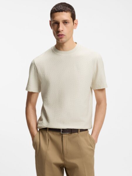 T Shirt BOSS en Coton Mercerisé à Motif Jacquard Blanc