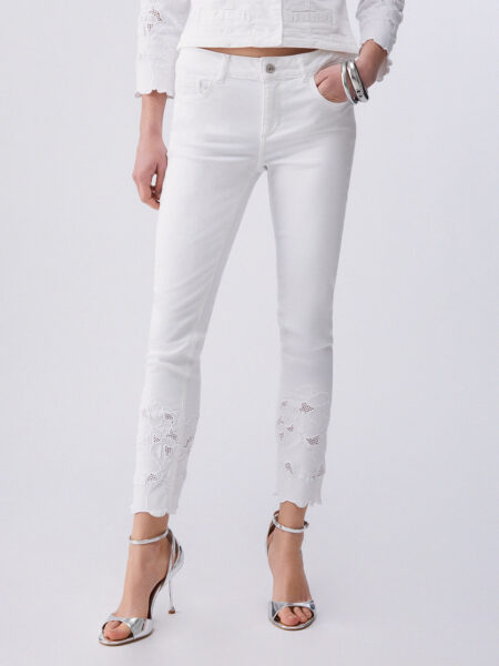 Pantalon LIUJO Skinny avec Broderie Saint-Gall Blanc