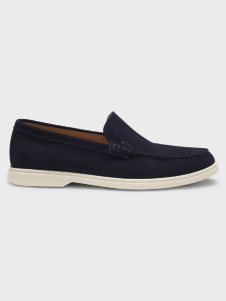 Mocassins BOSS en cuir suédé avec logo embossé bleu foncé