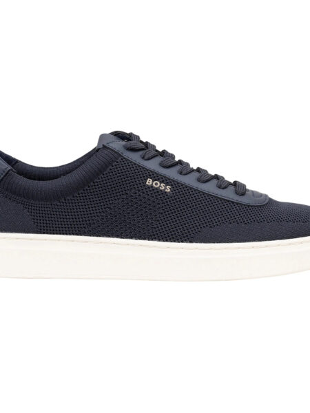 Baskets BOSS à lacets avec tiges tricotées et garnitures en cuir bleu foncé