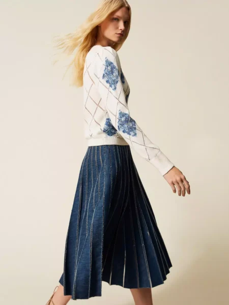 Jupe TWINSET longue en jean plissé bleu
